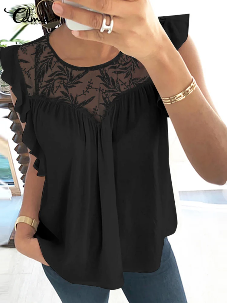 

Celmia Elegant Lace Patchwrok Blouses Women 2022 Summer Sleeveless Ruffled Blusas Holiday Casual Round Neck Shirred Tunic Tops
