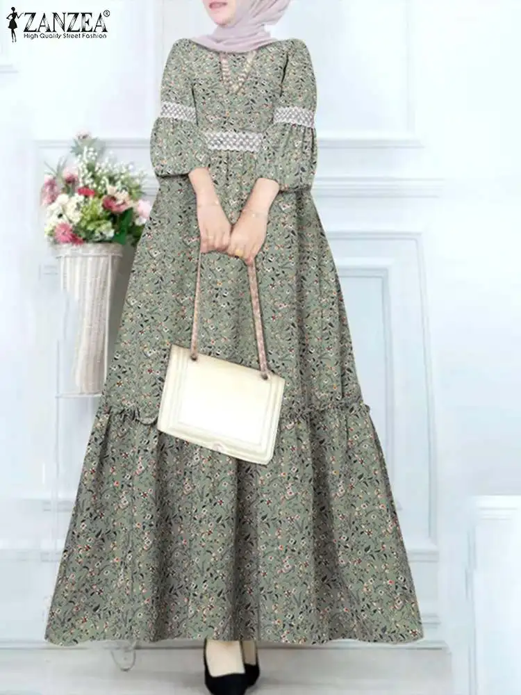 ZANZEA Eid Mubarek Muslim Sundress Bohemian Floral Printed Dress Long Sleeve O-Neck Woman Vintage Maxi Robe Ruffles Vestidos