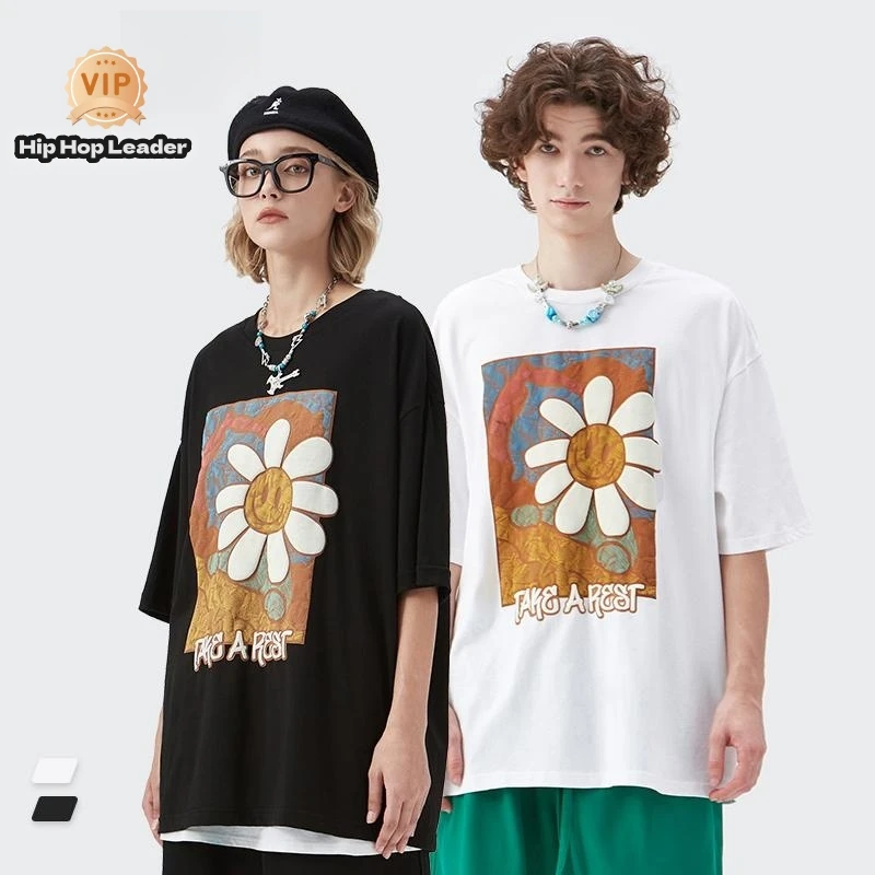 

Hiphop Leader Officiel Store Y2k Innovate Unique Large Loose Fitting Large Chrysanthemum Print T-Short Sunshine Boys And Girls T