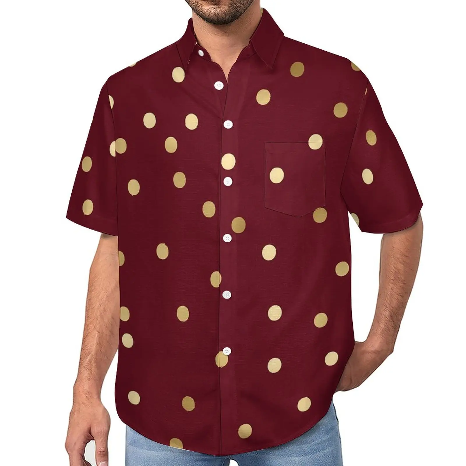 

Gold Dot Print Loose Shirt Men Beach Gold Polka Dots Casual Shirts Hawaiian Graphic Short Sleeves Funny Oversized Blouses