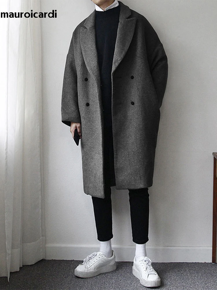 Mauroicardi Autumn Winter Loose Casual Grey Black Soft Warm Woolen Cocoon Coat Men Lapel Double Breasted Korean Fashion 2022