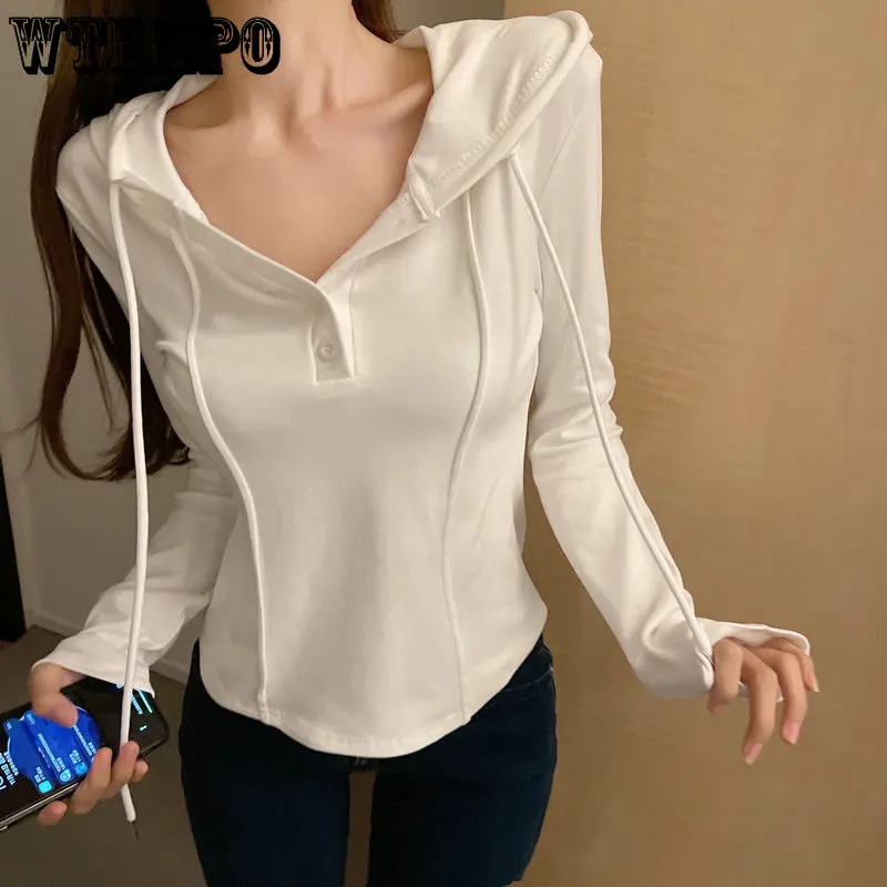 

Slim Crop Hoodies Women Pullovers Korean Style Solid Hooded Sweatshirt White Long Sleeve Tops Autumn Fashion y2k clothes