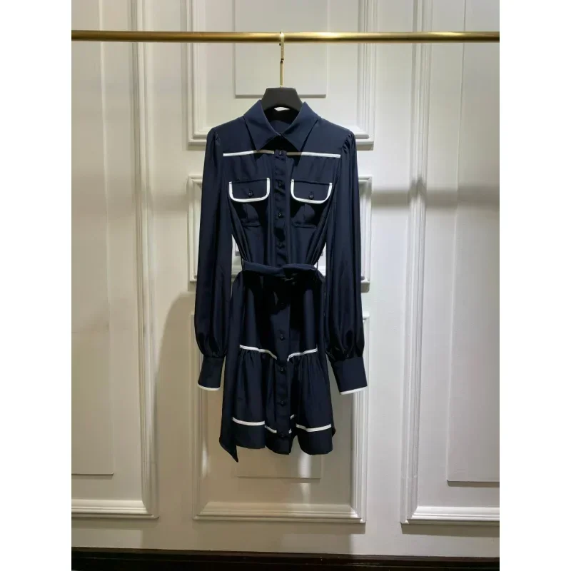 

2023 Summer New Women Fashion Top Quality Silk Casual Navy Blue Bright Line Decoration Long Sleeve Turn-down Collar Mini Dress
