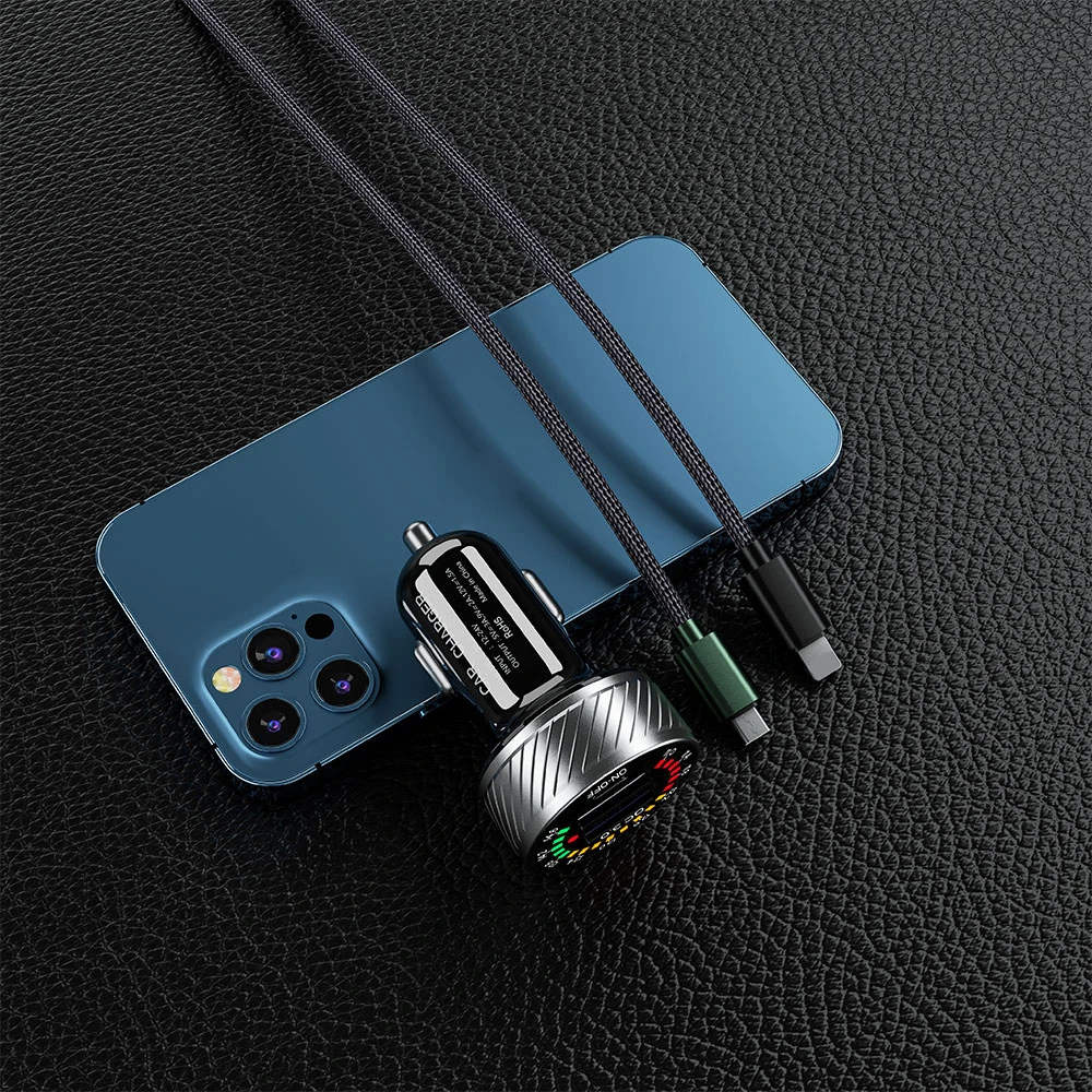 36W Car Charger Dual USB Fast Charging Car Phone Charger Adapter With Colorful Voltmeter ON/OFF Switch For iPhone 14 Car Charger