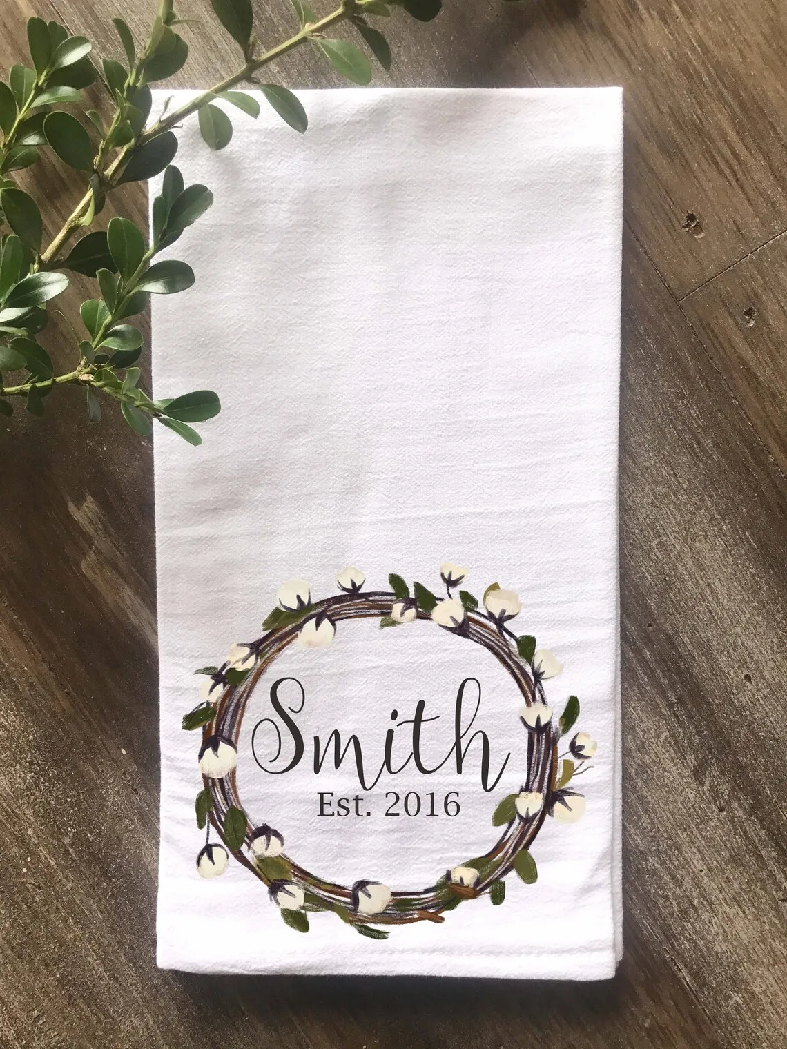 Farmhouse Personalized Flour Sack Tea Towel, Cotton wreath K