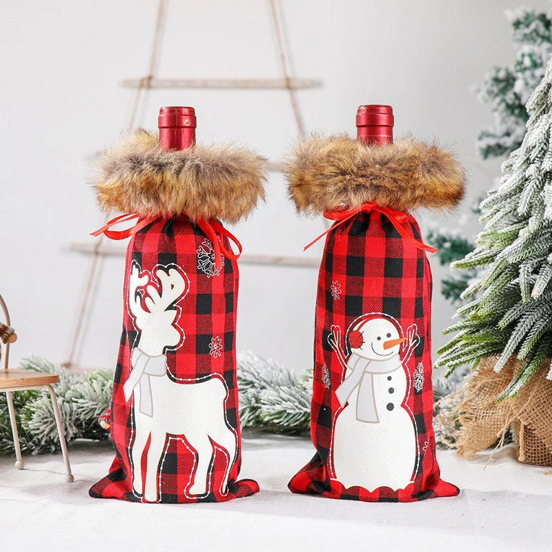 2pcs Polyester creative new Christmas decorations snowman plush plaid wine bottle bag red black checked wine bottle cover