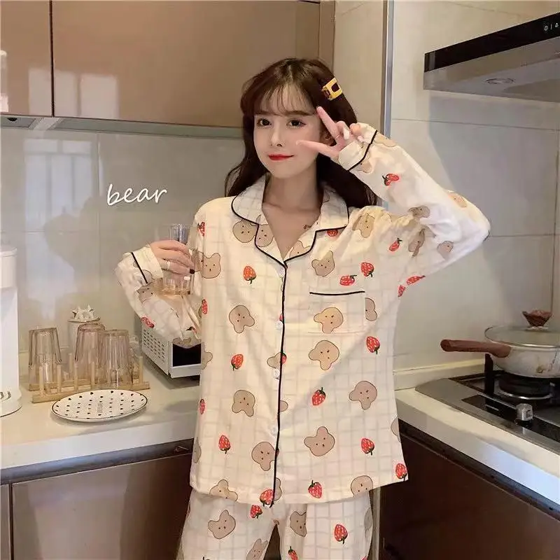 2022 New Pajamas Women Spring And Autumn Cotton Iong Sleeve Cardigan Senior Feeling Can De Worn Outside The Residential Suit Set