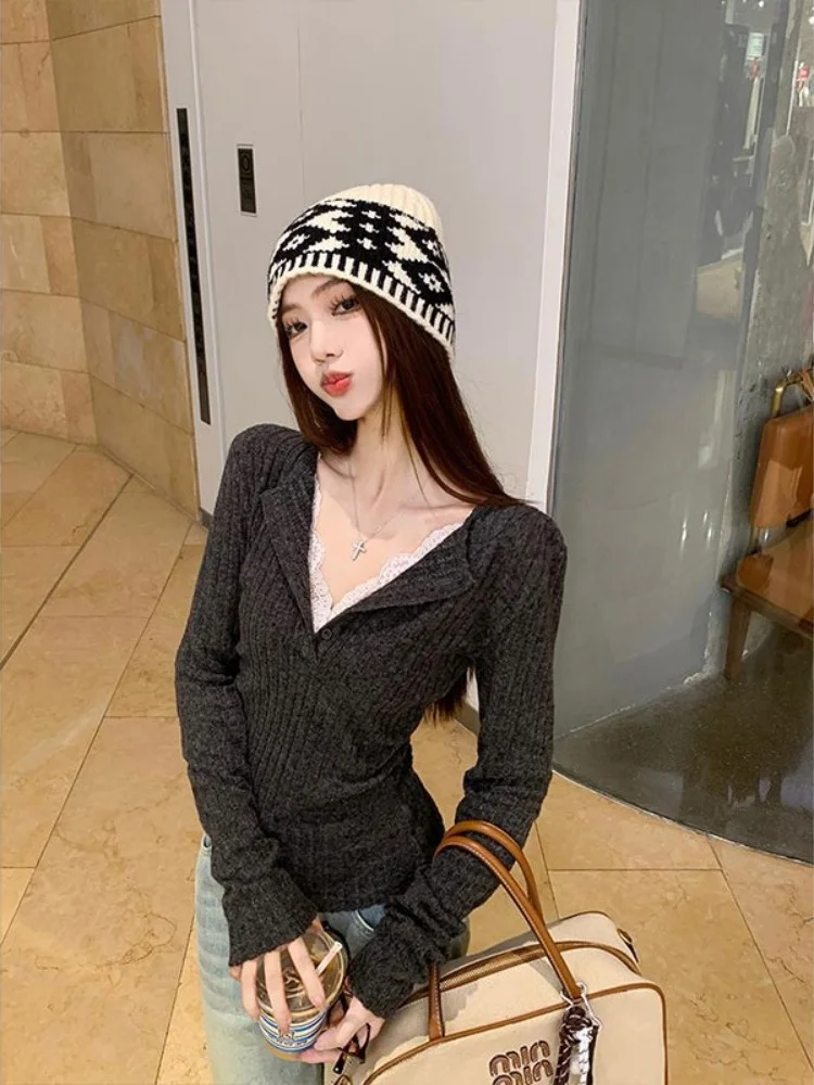 Серые кружевные швы с v-образным вырезом и длинными рукавами трикотажные женские