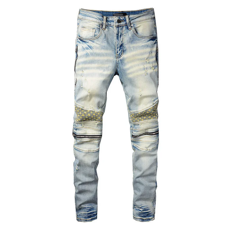 Men's Hi Street Biker Jeans Fashion Slim Fit Motorcycle Denim Pants Trousers Washed Blue Moto Bottoms Big Size 28-40