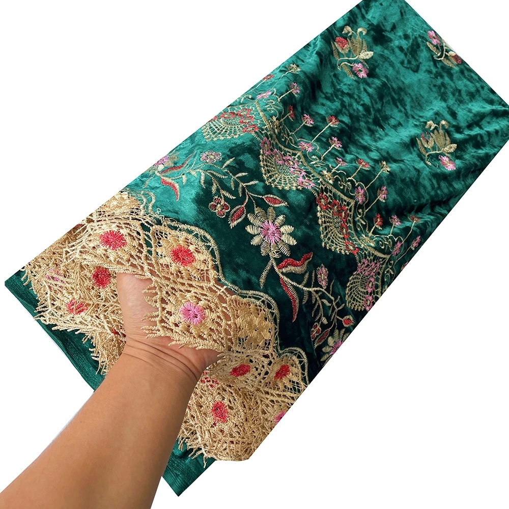 

YQOINFKS Latest Nigerian Velvet Lace Fabric Teal Green Rhinestones Flannelette Banquet Dress for Women Sewing 5 Yards KY-5001