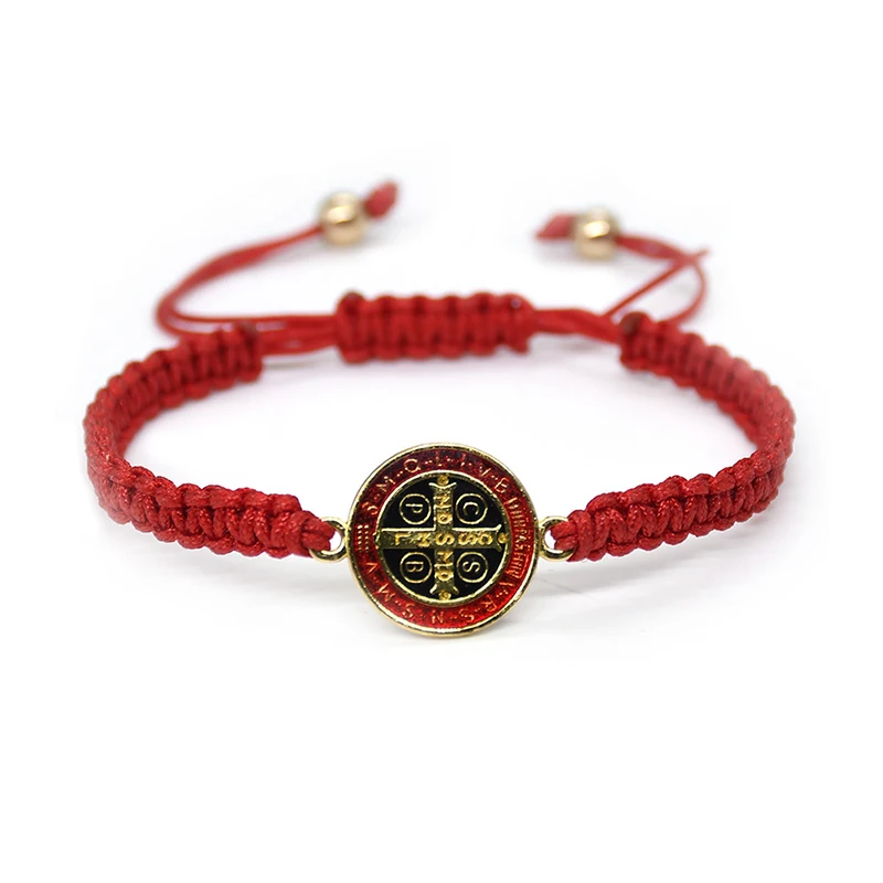 

Red Black Catholic Religious Belief St. Benedict Cross Dripping Oil Manual Chinese Knot Bracelet Adjustable Men Jewelry Gift