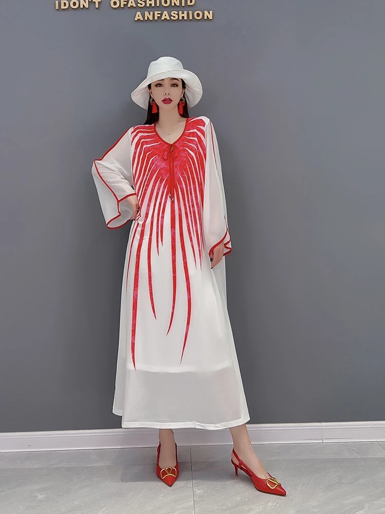 

SuperAen 2022 Spring New Fashion Printed Chiffon Casual Loose V-Neck A-LINE Loose Dress for Women
