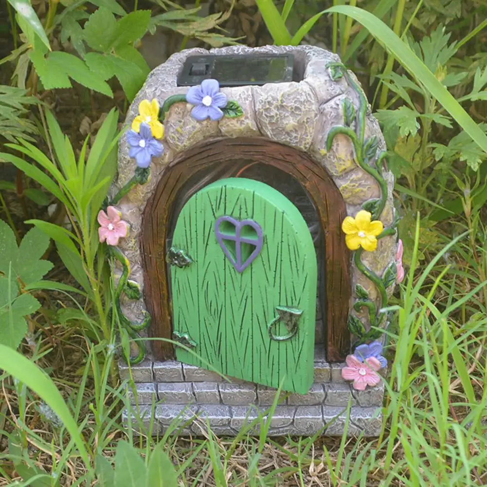 solar garden resin fairy door light for trees statues house face art gnome yard elf fairy accessories garden statues decor free global shipping