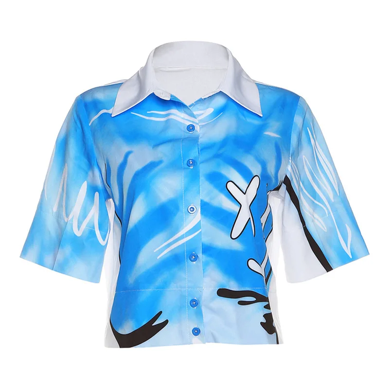 

2022 Summer Short Sleeve Shirts Womens Print lapel High Waist Pink Orange Green Blue Sports Clothes Women T-shirts Shirts