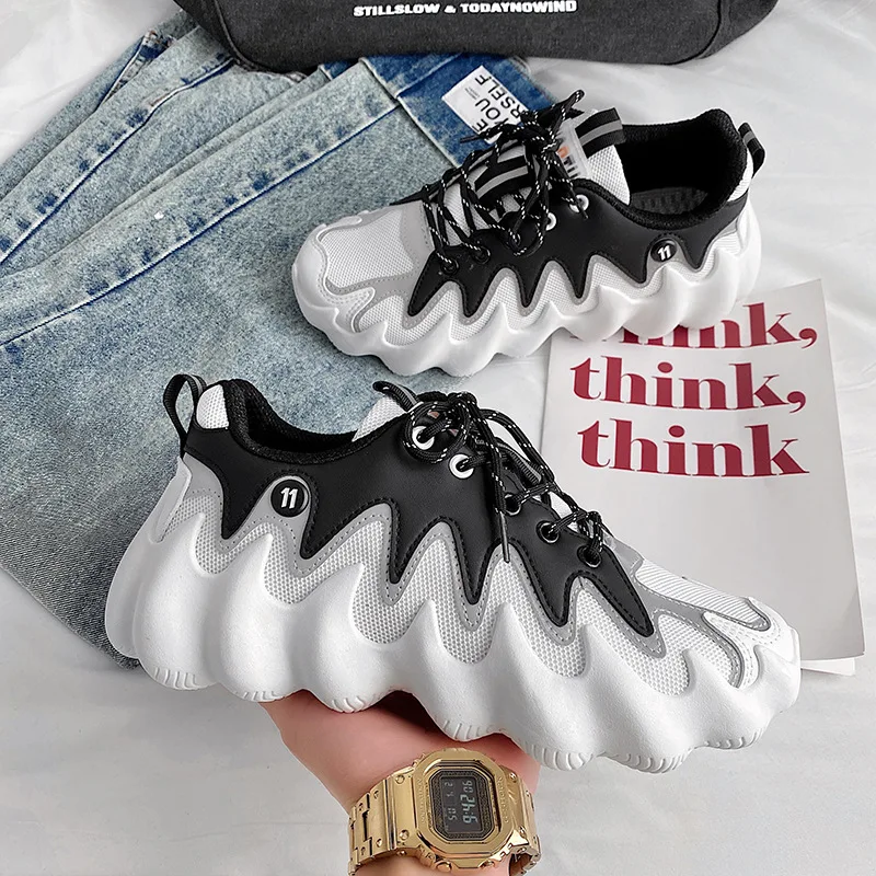 Trendy Men's Shoes Reflective Thick Bottom Platform Sneakers Breathable Stretch Mesh Men's Shoes Lightweight Running Footwear
