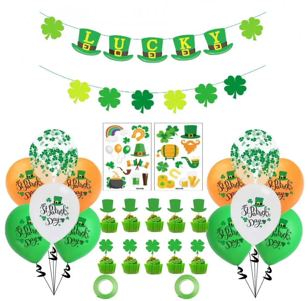 

St. Patrick's Day Party Decoration Flag Pull Balloon Set Lucky Letters Pull Flag Cake Flag Ribbon Set Irish Party Decoration