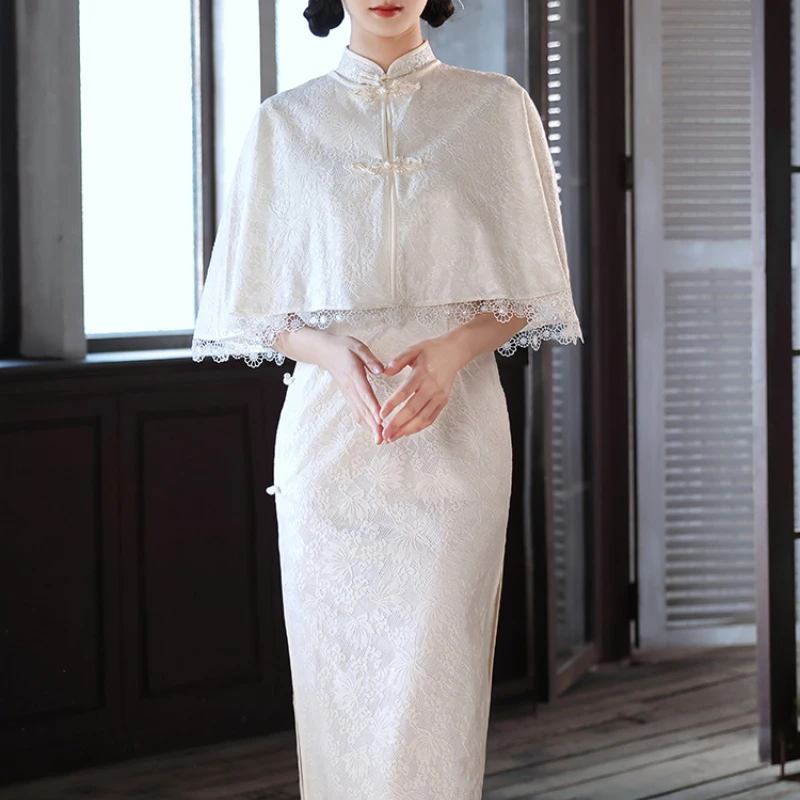 

Vintage Girl Cheongsam Dress Exquisite White Jacquard Shawl High Slit Long Qipao Women Elegant Fairy Banquet Party Evening Dress