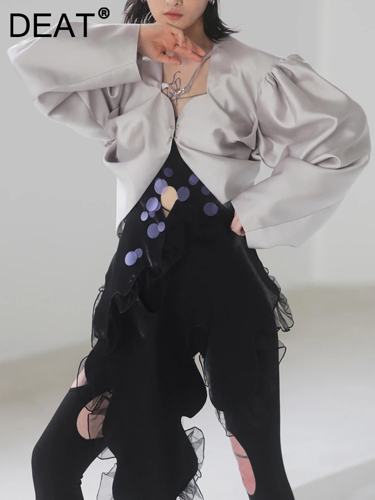 

Женская короткая куртка на шнуровке DEAT, однотонное Свободное пальто на одной пуговице с пышными рукавами, осень 2022