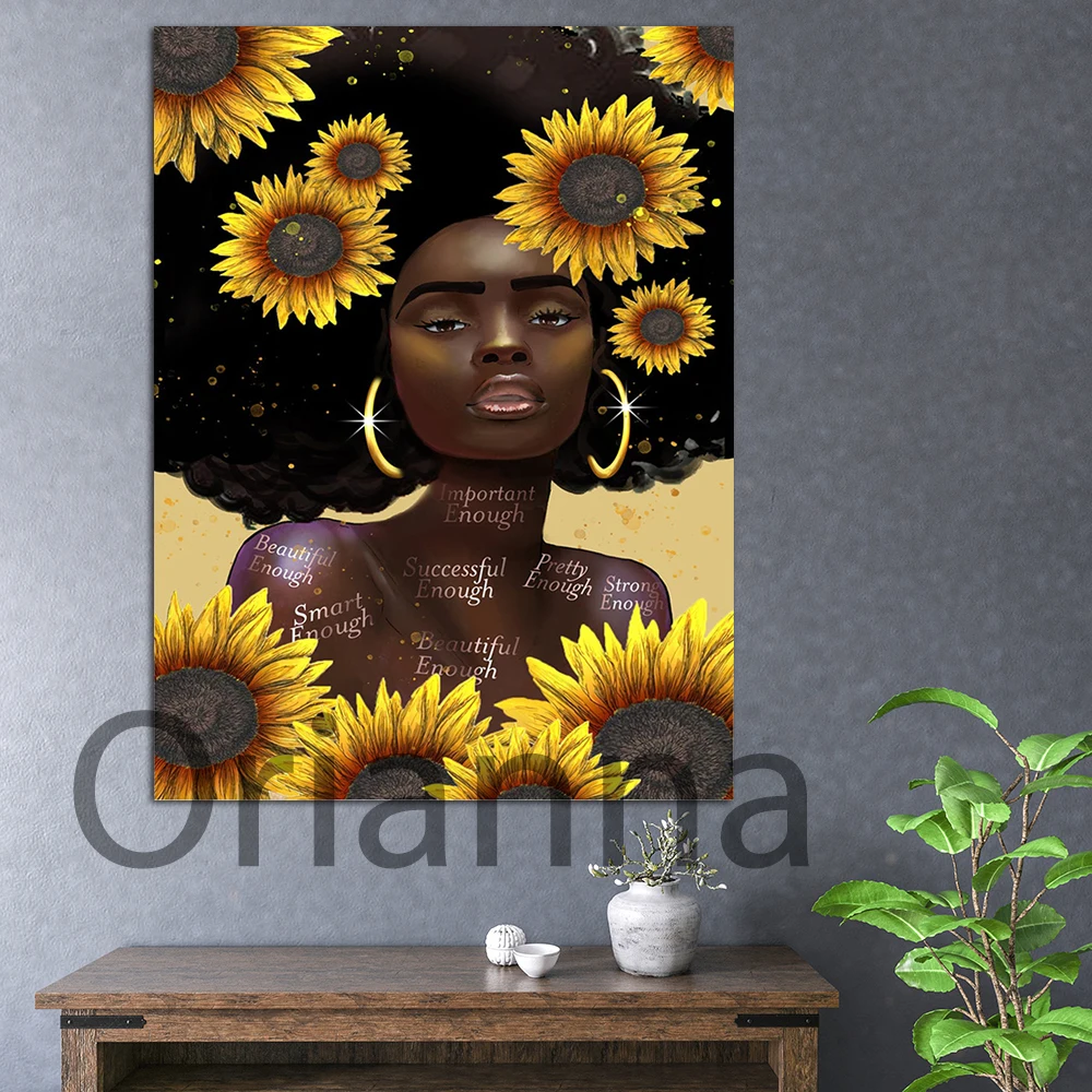 

Black Girl With Sunflowers Art Afro Girl Canvas Brown Girl Poster Black Girl Portrait Feminism Poster Black Girl Pride Posters