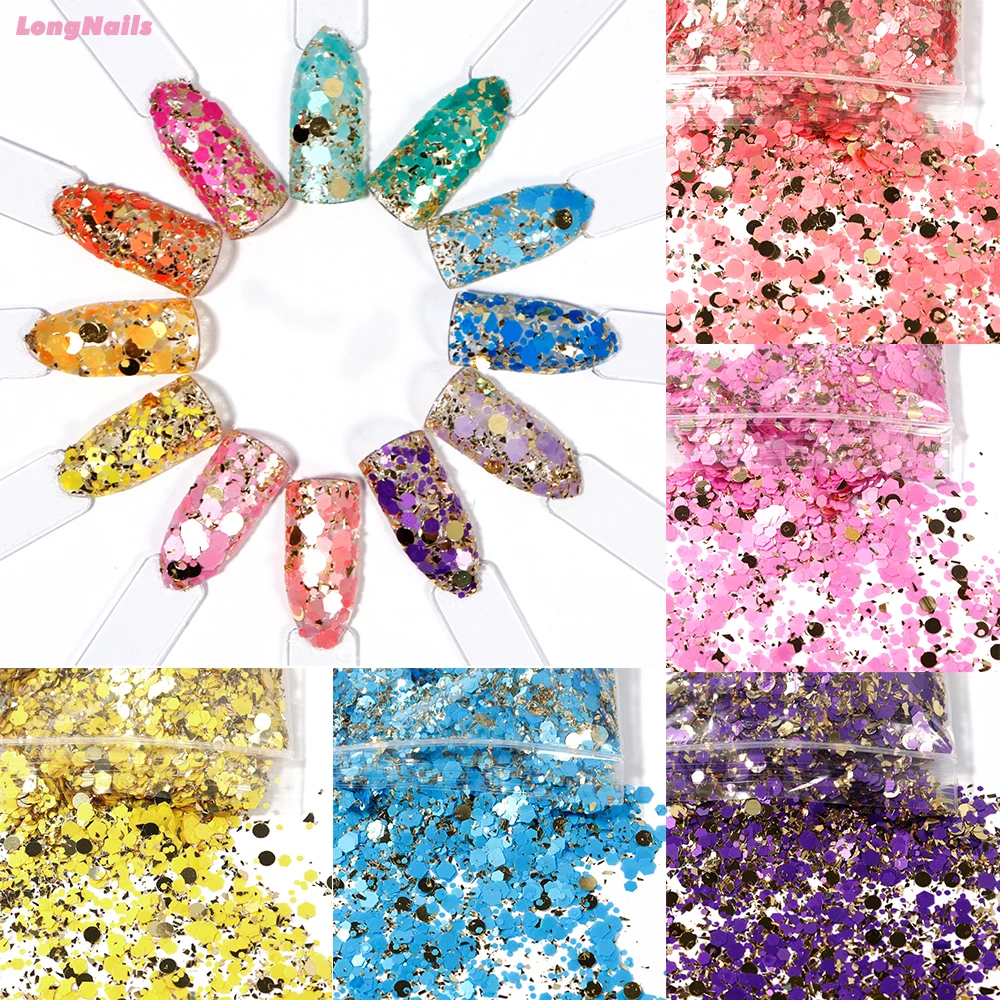 

50g 1+2+3mm Holographic Gold Circle With Hexagon Chunky Nail Glitter Mixed Sequins For Nail Art Decorations Flakes DIY Manicure