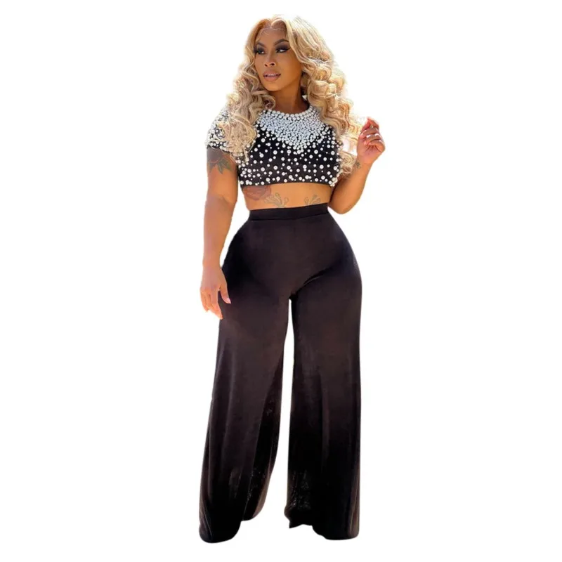 

Женский комплект из двух предметов, черный укороченный топ с жемчужинами и широкие брюки с высокой талией, летняя новая модная вечерняя оде...