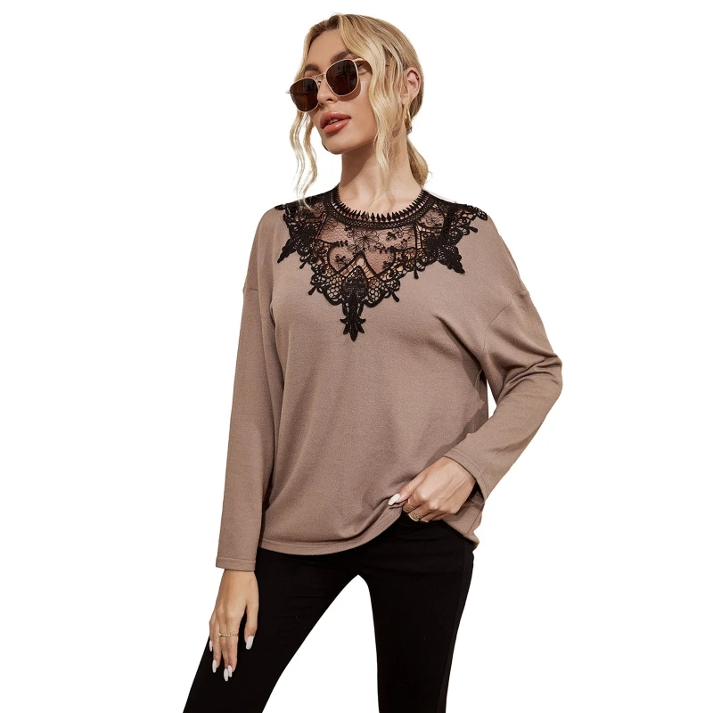 

New style Women T Shirt Casual Basic Tee Tops Lace Stitching T-shirt Tops w/ Long Sleeves