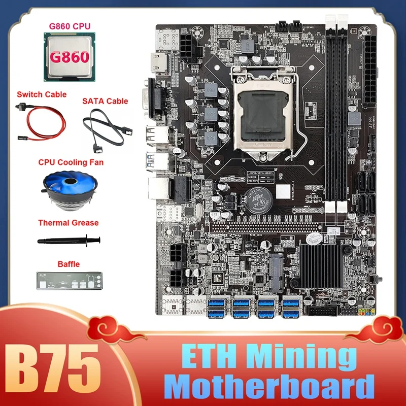 

Материнская плата для майнинга B75 8USB ETH + процессор G860 + вентилятор + кабель переключения + кабель SATA + перегородка + термопаста B75 BTC материнска...