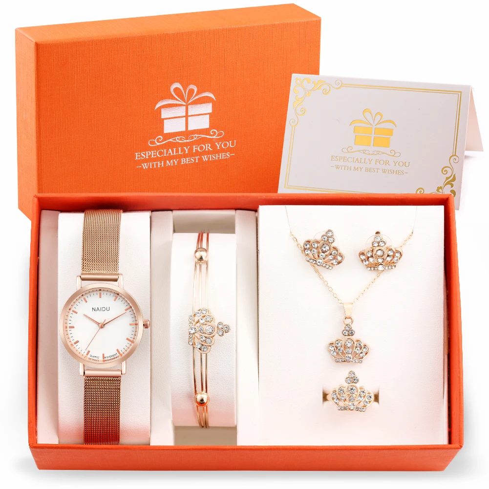 

Minority Women's Watch Set Round Quartz Watches Stainless Steel Strap Exquisite Jewelry Sets Gift Box Birthday for Girlfriend
