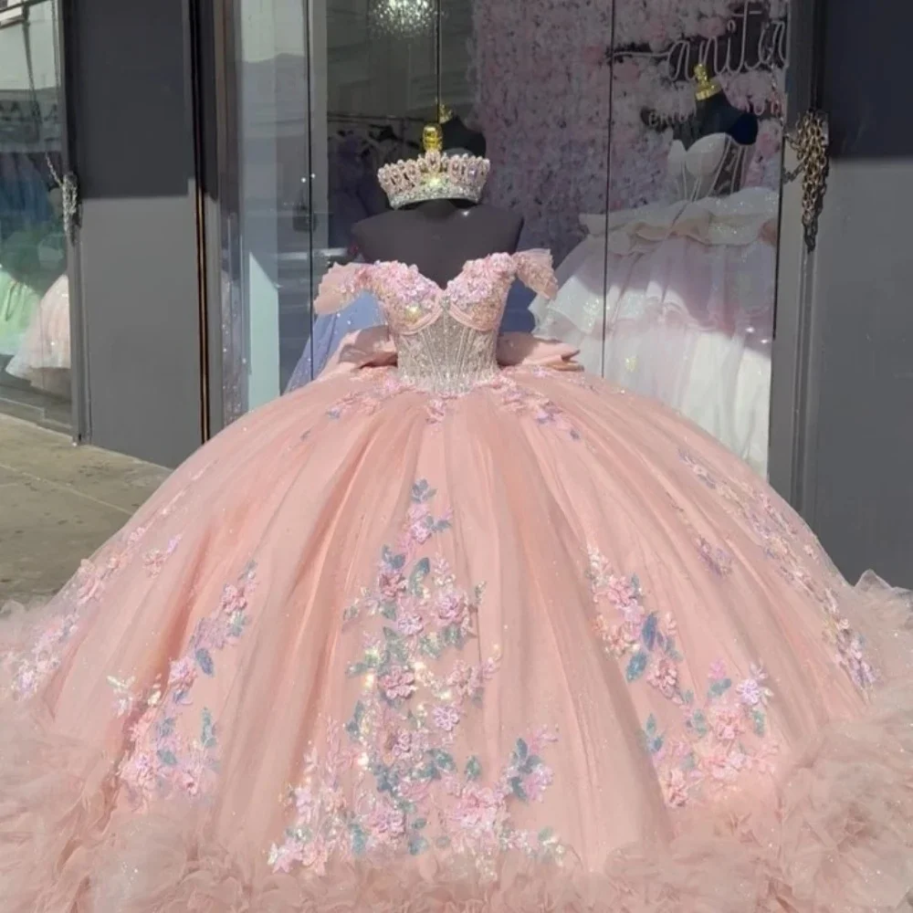 Румяно-розовые платья Quinceanera, бальное платье с открытыми плечами, расшитое бисером и цветочным принтом, Sweet 16, 15 лет, по индивидуальному заказу (art.: 3920d15c8135a) - 3920d15c8135a