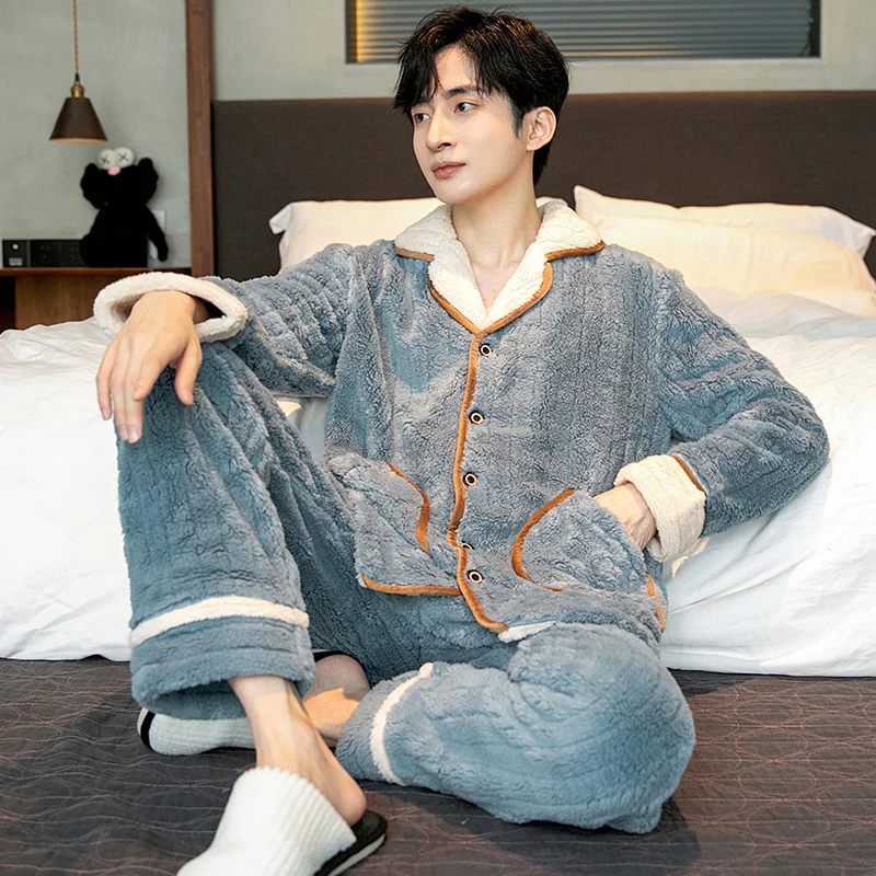 QUHENG Men Winter Pyjamas Suit Long Sleeve Autumn Thick Warm Flannel Pajama Sets for  Coral Velvet Cute Sleepwear Homewear