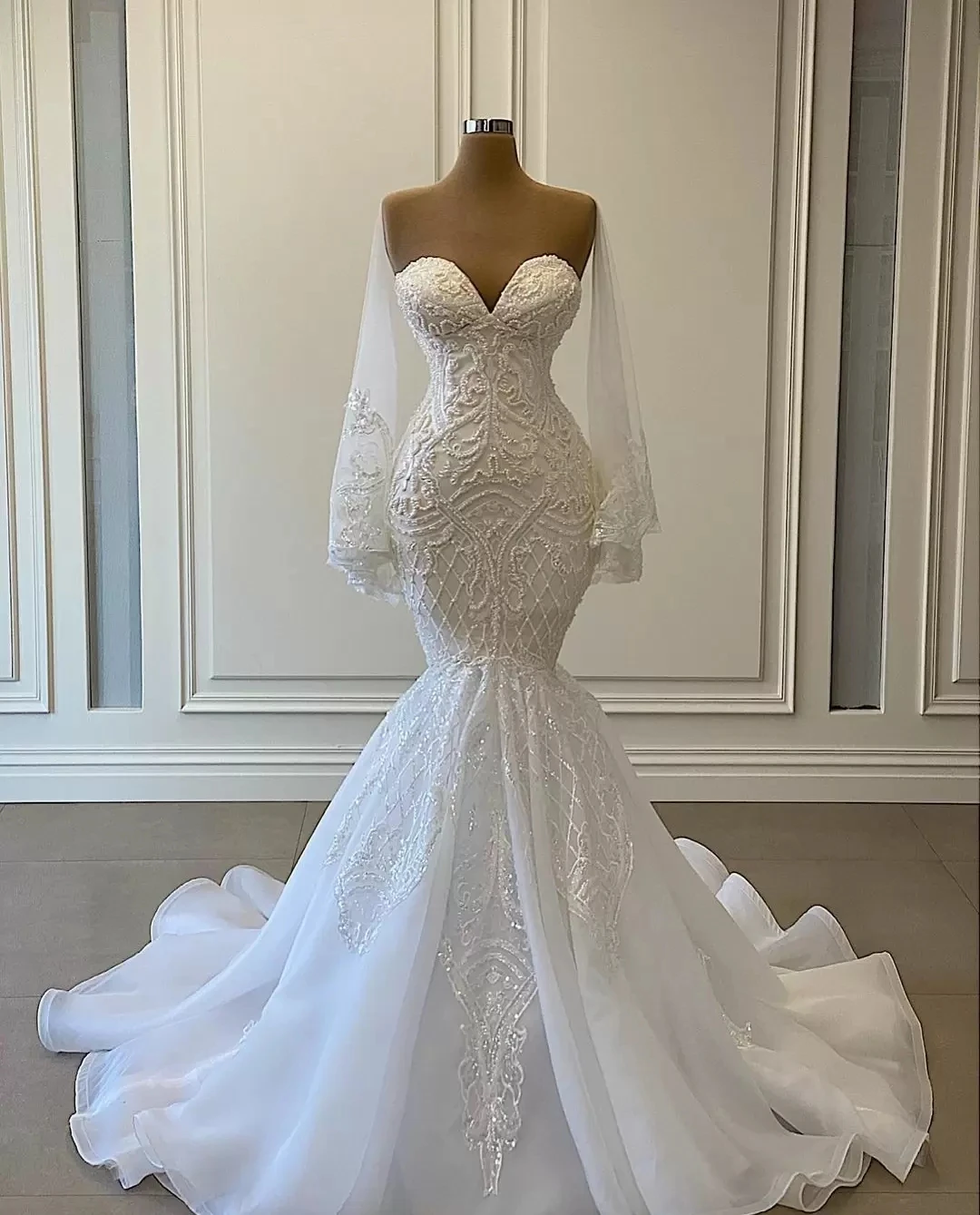 

Elegant White Mermaid Wedding Dresses Bridal Gowns Sweetheart Beads Lace Applique Arabic Dubai Marriage Robe De Mariée