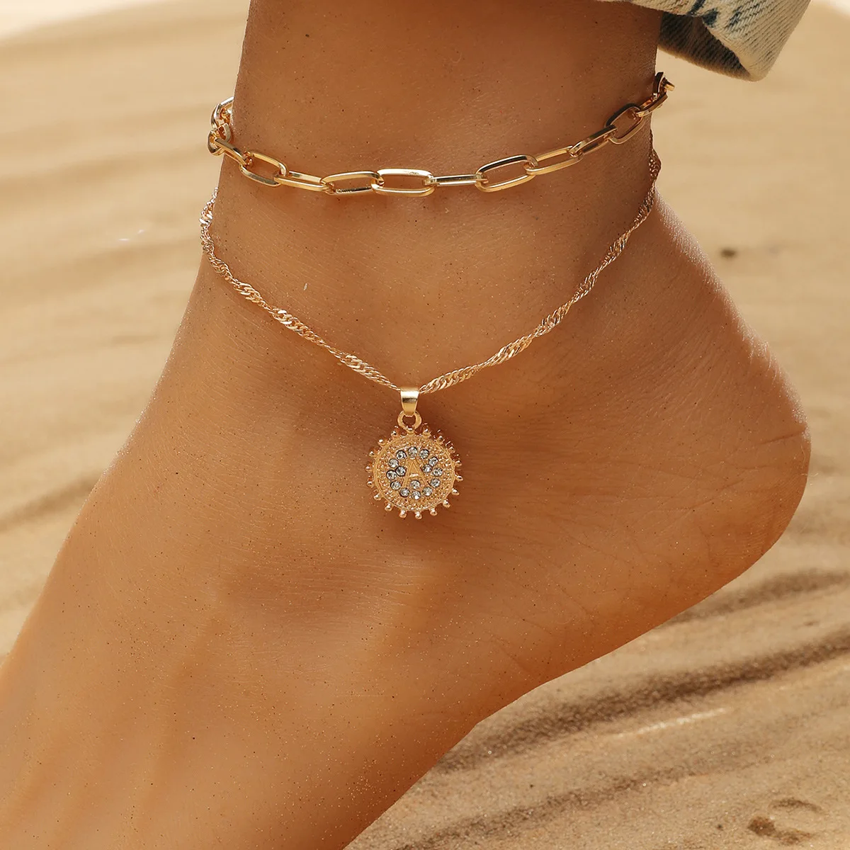 

Circular Double Layer Anklet Letter A Pendant Alloy Couple Beach Chain Female