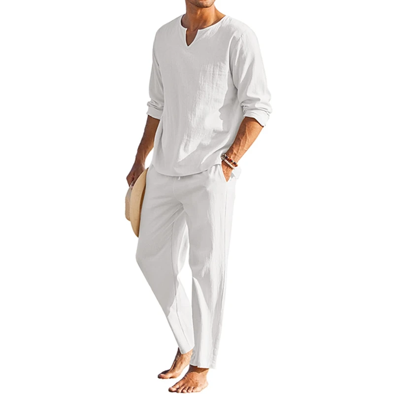 

Мужской комплект одежды из хлопка и льна, рубашка с длинным рукавом и штаны на завязках с эластичным поясом