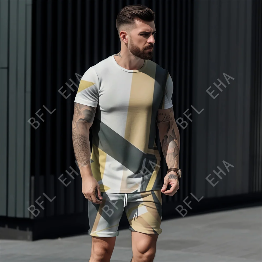 2023 New Men Fashion 3D Geometric figures Print Suits 2-piece Set Men Street Casual Short T Shirts+Shorts Oversized Man Clothing