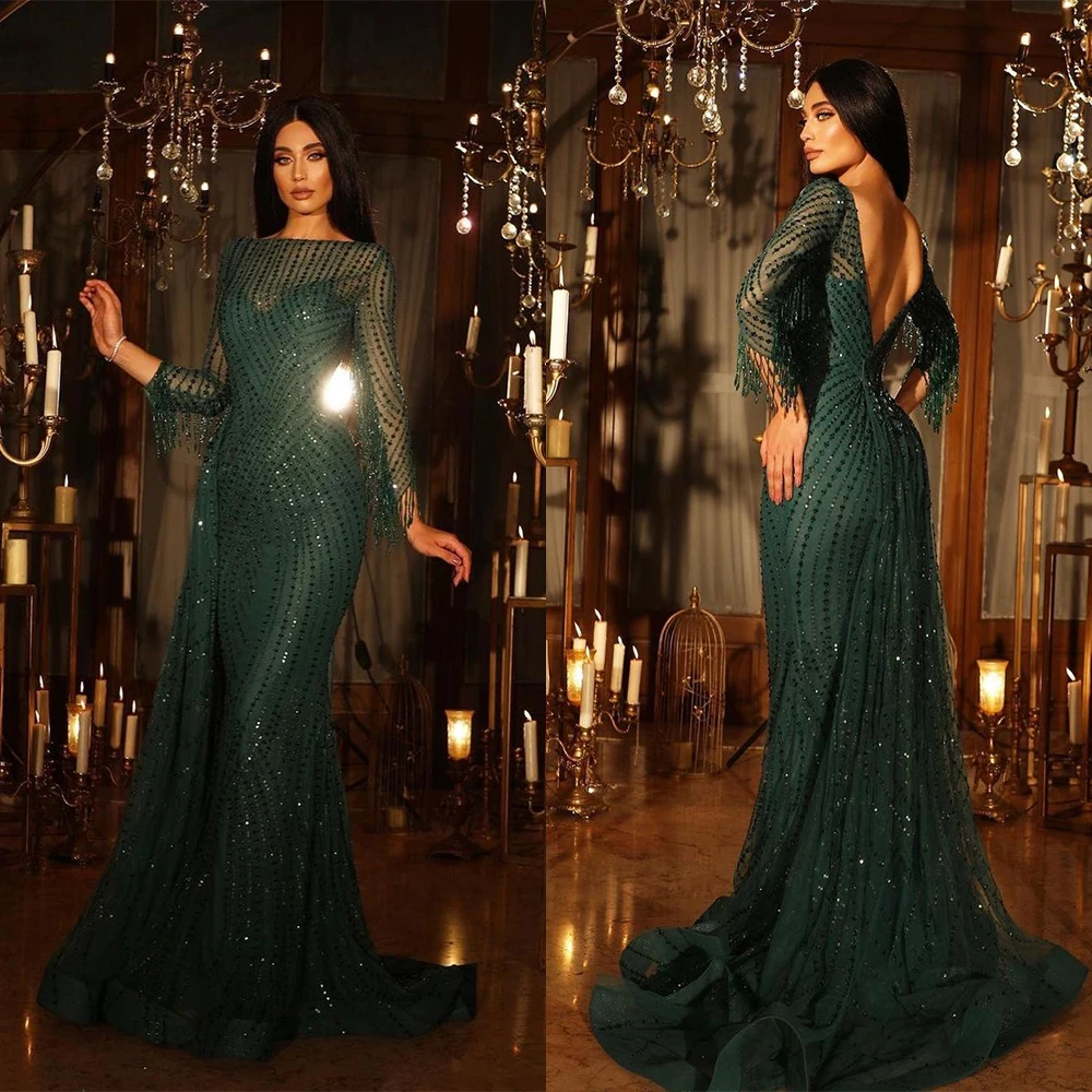 

Elegant Dark Green Mermaid Evening Dresses Sequined Tassels Prom Gowns Custom Made Backless Party Dresses