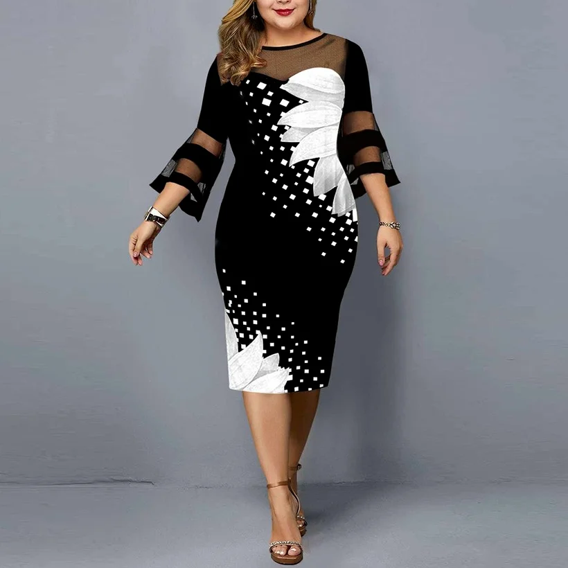 

2022 New Digital Printed Screen Stitched Plus Size Women's Dress Vestido De Mujer Maxi Dress Vintage Plus Size Women Dress