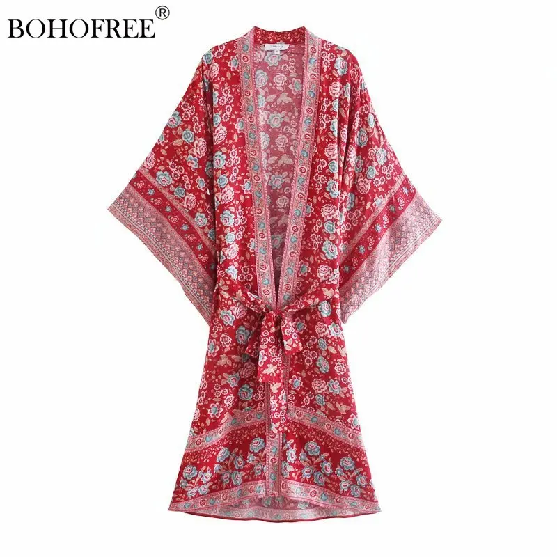 Kimono spolverino manica a pipistrello Casual da donna Casual in cotone con stampa floreale in Rayon bohémien
