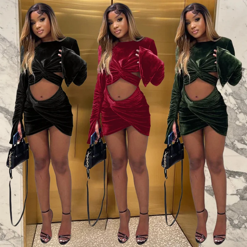 

Autumn and Winter New Sexy Strappy Long-sleeved Casual Fashion Short Top Cross Mini Bag Hip Skirt Nightclub Club Two-piece Suit