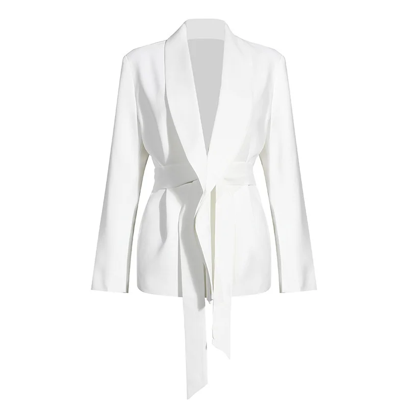 White Casual Blazer For Women Notched Long Sleeve Tunic Sashes Korean Jacket Female 2022 Autumn Fashion New