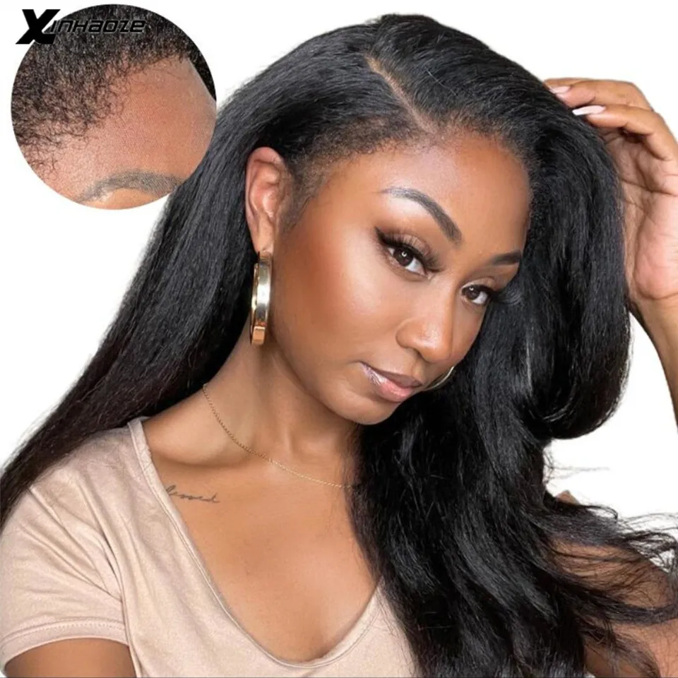 

Kinky Straight Wig With Curly Baby Hair 13x6 Lace Frontal Human Hair Wigs For Women 26 Inches 180% Brazilian 5x5 Silk Top Wig