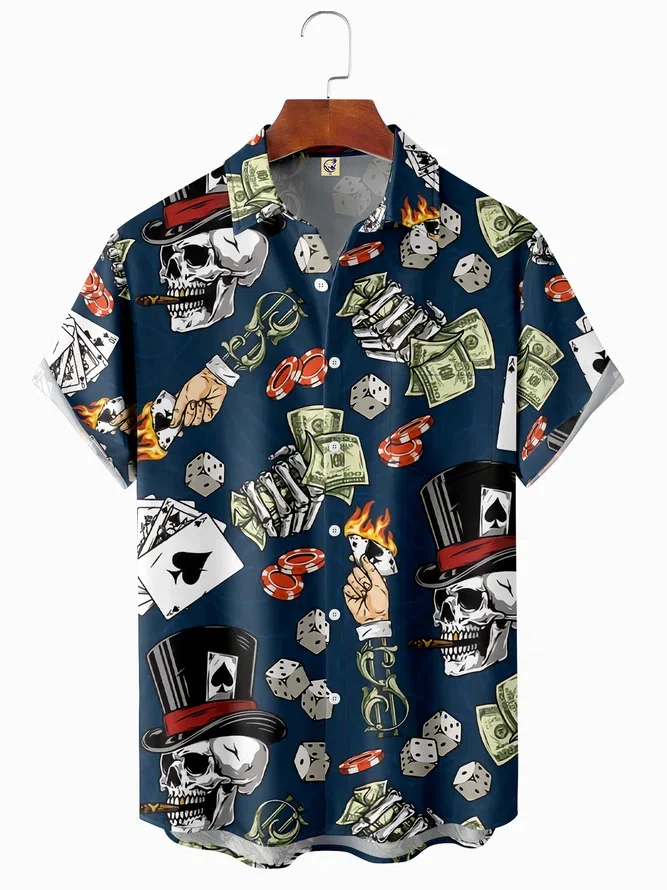 

Y2K Men's clothing Coin and Card print Casual Breathable pocket Hawaiian short sleeve shirt