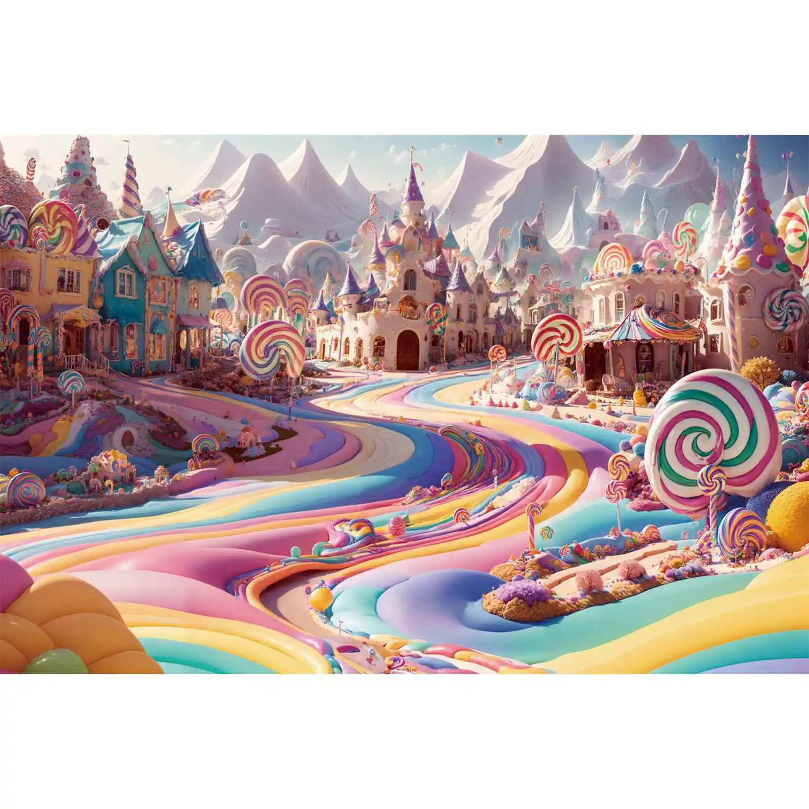 

Candyland Castle Mountains Photography Backdrops Rainbow Cream Pathway Lollipop Garden Customized Kids Photo Backgrounds Banners