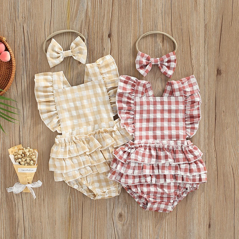 

Комбинезон для маленьких девочек и мальчиков Pudcoco, 2 предмета, в клетку, с принтом, с оборками, с коротким рукавом, с открытой спиной, обруч для...