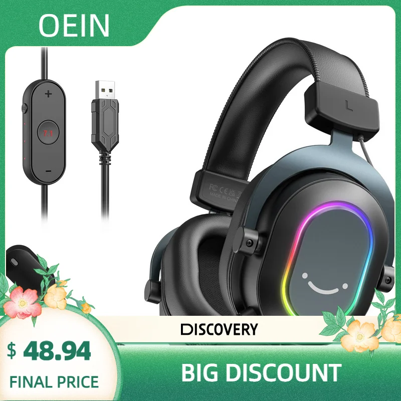 

OEIN Dynamic RGB Gaming Headset with Mic Over-Ear Headphones 7.1 Surround Sound PC PS4 PS5 3 EQ Options Game Movie Music