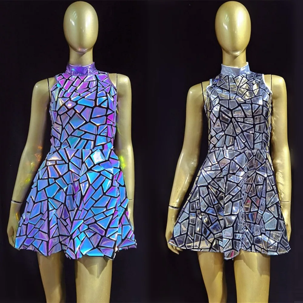 

Fashion Silver laser Blue Sleeveless Costume Outfit Dress Evening Birthday Party Dance wear Nightclub Singer Performance