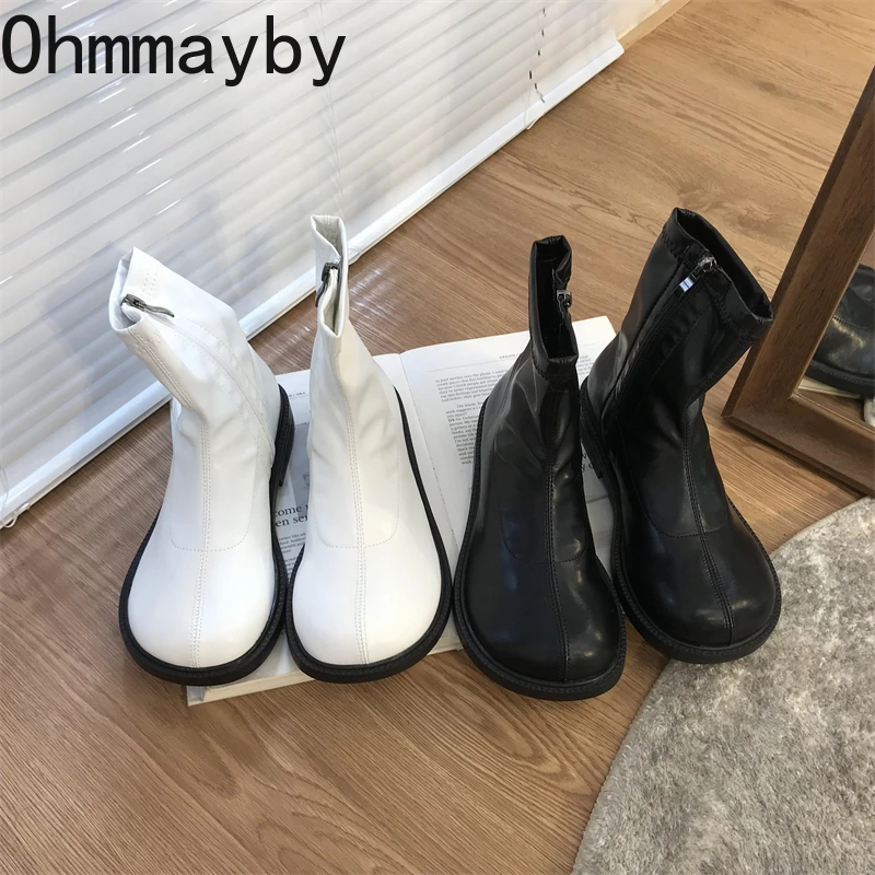 

2022 Autumn Women Ankle Boots Fashion Round Toe Back Zipper Ladies Flats Heel Short Boots High Quality Woman Boots Shoes