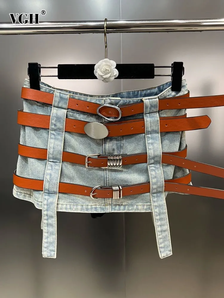 

Женская джинсовая мини-юбка VGH, однотонная облегающая трапециевидная юбка составного кроя с высокой талией и металлическими вставками, модная одежда