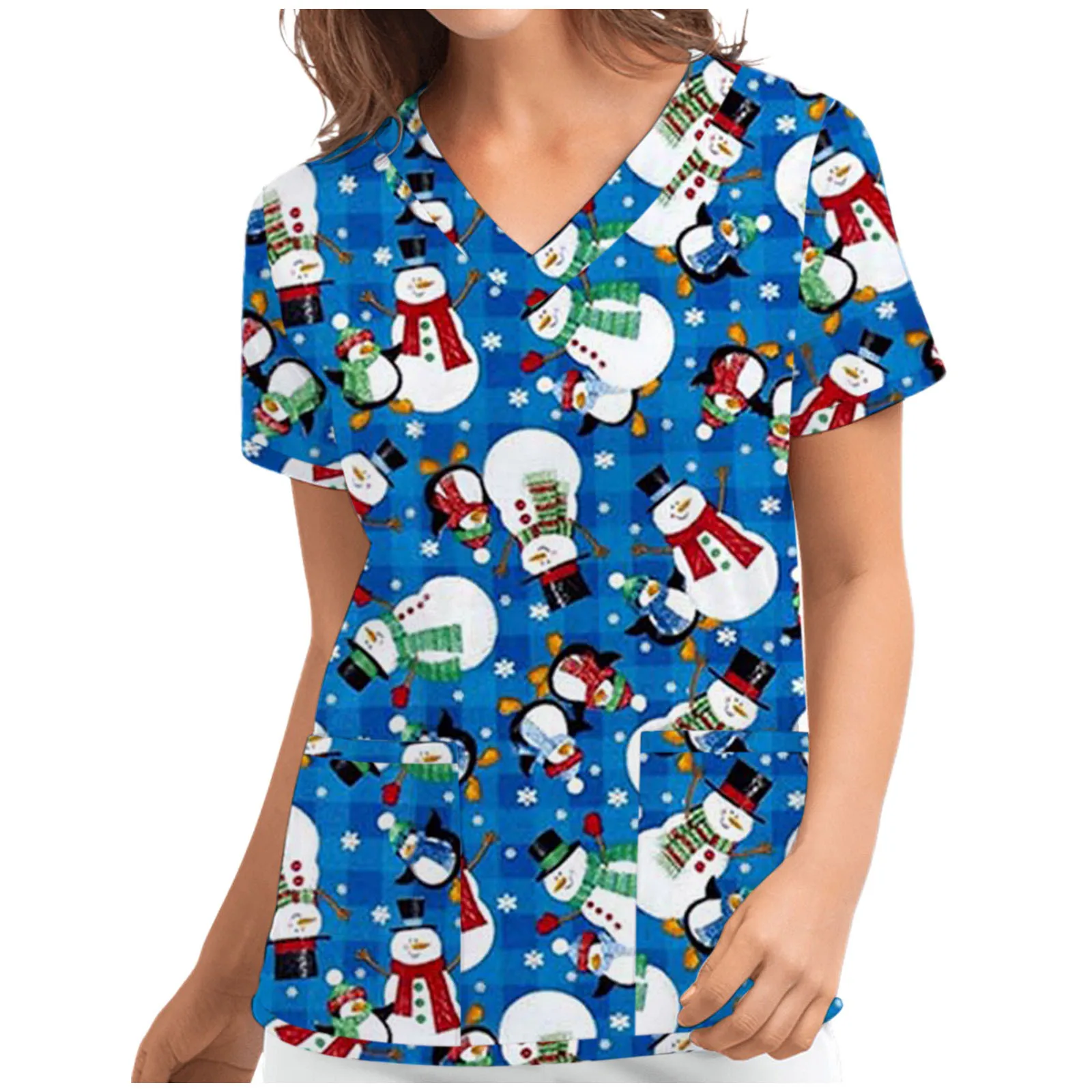 

Festival Print Nursing Tops Women Christmas Pet Clinic Carer Scrubs Uniform Short Sleeve V-neck Shirt Beauty Healthcare Tunic