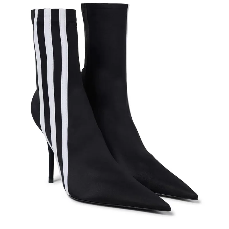 Striped High Heeled Elastic Boots Fashion High Heeled Pointed Long and Short Barred Sexy Women's Color Patchwork Oversized Boots