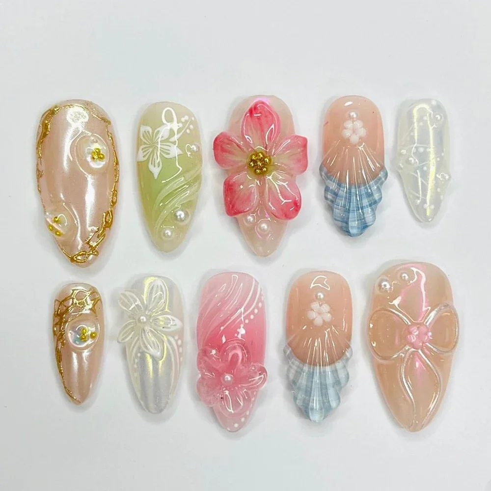 2024 Лидер продаж 3D ракушка гель ручная работа накладные ногти цветы лилии Аврора